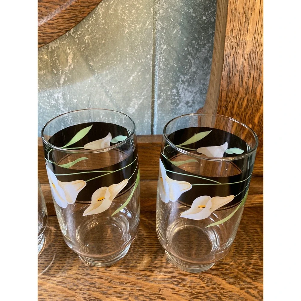 Vintage Calla Lily Highball Glasses Set of 4 Black Band Floral Footed Tumblers